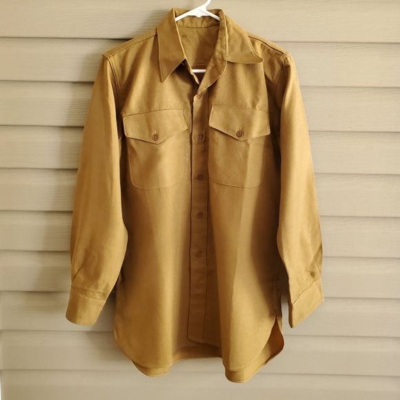 Vintage 50's Korean War men's M/L tan khaki wool long sleeve military shirt - Picture 5 of 11
